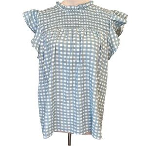 Premise Blue and White Ruffled Smocked Blouse